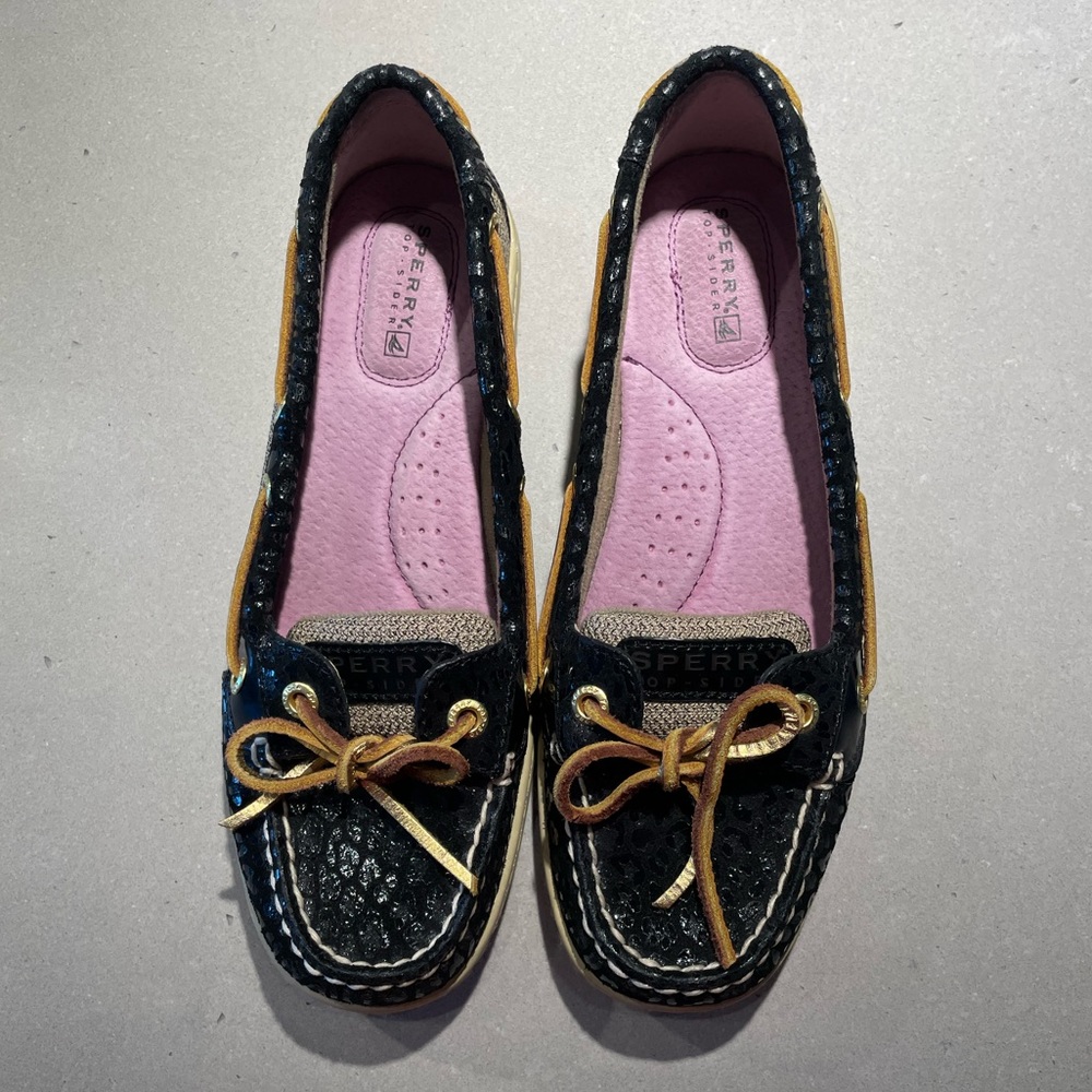 NWOT Sperry Top Slider Angelfish Boat Shoes Size Women’s 6 Black Leopard & Gold
